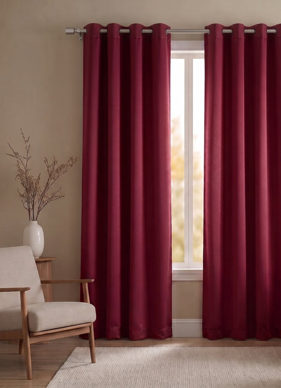 A Panda Living curtain framing a sunlit window in a contemporary living room